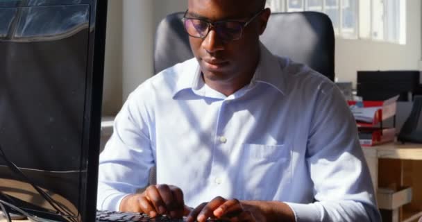 Front View Young Black Businessman Working Desktop Modern Office Sitting — Stock Video