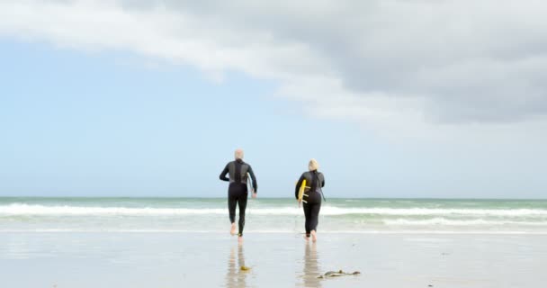 Rear View Old Caucasian Senior Couple Running Surfboards Beach Beautiful — Stock Video