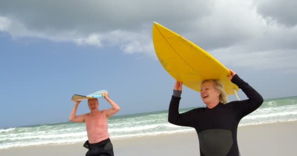 Başında Plajı Nda Sörf Tahtaları Taşıyan Eski Üst Düzey Çift — Stok video