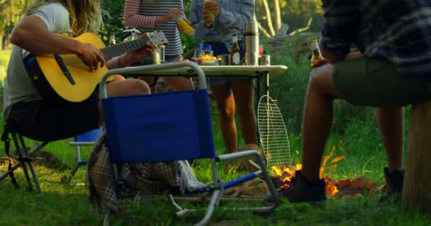 Amigos Divirtiéndose Cerca Hoguera Bosque Amigos Acampando Juntos Bosque — Vídeos de Stock