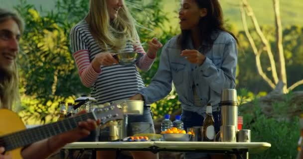 Des Femmes Heureuses Amusent Camper Dans Forêt Femme Préparant Nourriture — Video