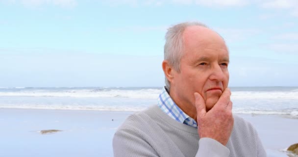 Πρόσοψη Του Παλιού Καυκάσιος Ανώτερος Άνθρωπος Στέκεται Στην Παραλία Στοχαστικός — Αρχείο Βίντεο