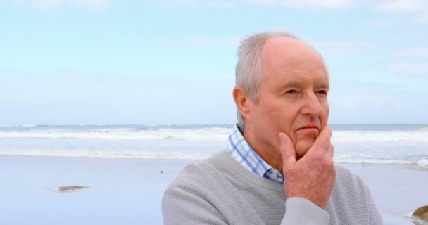 Framifrån Kaukasiska Senior Gubbe Står Vid Stranden Tankeväckande Senior Mannen — Stockvideo