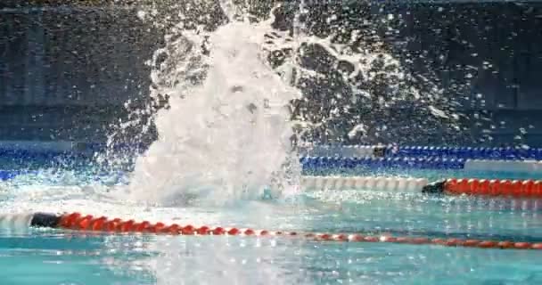 Jonge Zwemster Binnenzwembad Zwemmen Vrouw Beoefenen Vlinder Stijl — Stockvideo