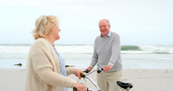 Vista Lateral Vieja Pareja Ancianos Caucásicos Pie Con Bicicletas Playa — Vídeo de stock