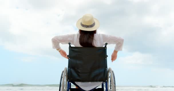 在海滩上 残疾妇女抱着胳膊坐在轮椅上的后视 她正在看4K 的风景 — 图库视频影像