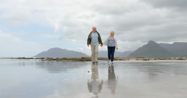 Low Angle View Old Caucasian Couple Walking Hand Hand Beach — Stock Video