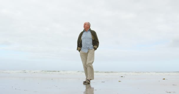 ビーチでポケットに手を歩いて古い白人の年配の男性の低角度のビュー — ストック動画