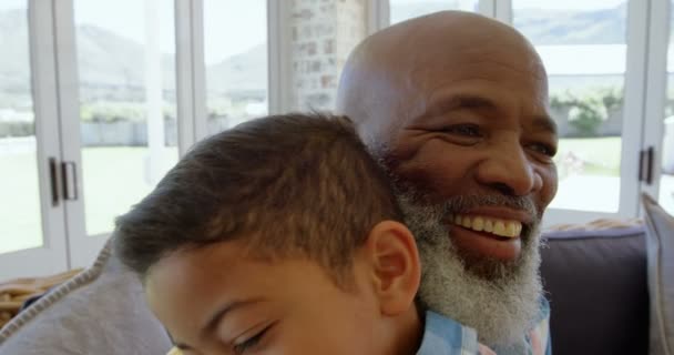 前面的视野成熟的黑人父亲抱着儿子在客厅舒适的家 他们面带微笑 坐在沙发上4K — 图库视频影像
