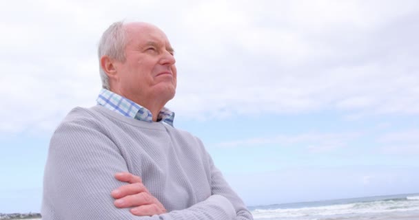 ローアングル観古い白人の年配の男性の腕を組んでビーチに立っています 彼は笑みを浮かべては の距離を探して — ストック動画