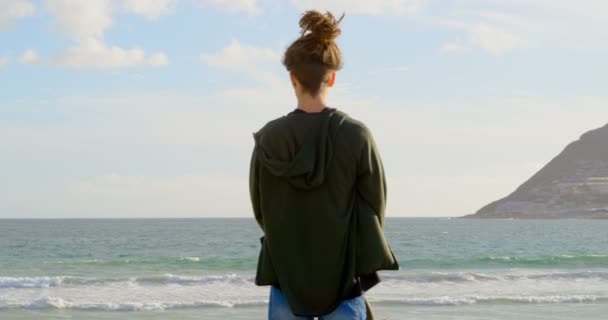 Vista Posteriore Giovani Uomini Caucasici Piedi Sulla Spiaggia Guardando Mare — Video Stock