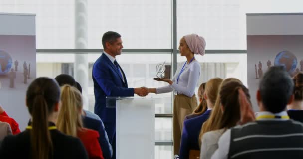 Side View Caucasian Businessman Receiving Award Businesswoman While Public Applauding — Stock Video