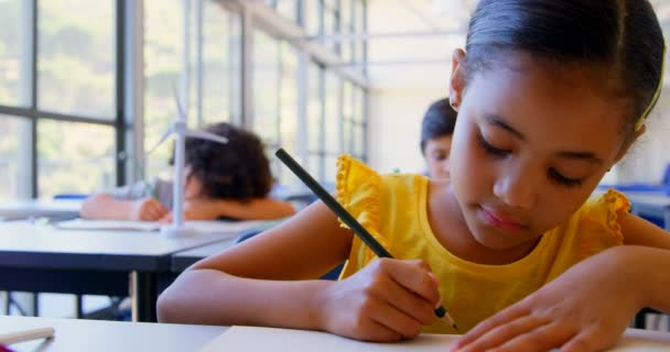 Vorderansicht Einer Schülerin Mit Gemischter Rasse Die Schreibtisch Klassenzimmer Lernt — Stockvideo