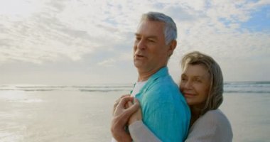 Eğleniyor ve birbirlerine uzak plajda 4 k bakarken kucaklayan bir etkin üst düzey beyaz çift yan görünüm