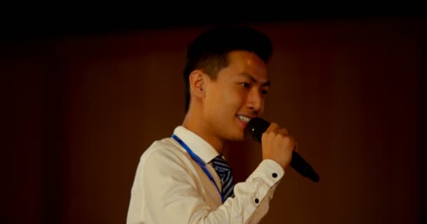 Front View Handsome Young Asian Businessman Speaking Business Seminar Auditorium — Stock Video