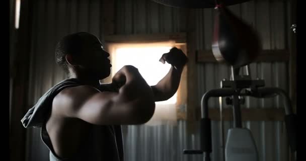 若いアフリカ系アメリカ人男性ボクサー ボクシング フィットネス スタジオでの練習の側面図です サンドバッグ に当たって — ストック動画
