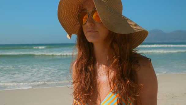 Front View Beautiful Young Caucasian Woman Bikini Sunglasses Hat Standing — Stock Video