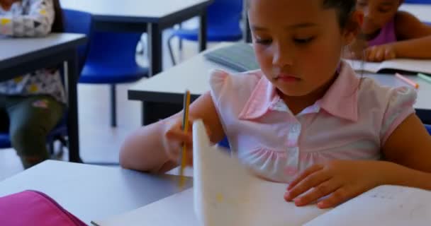 Okulda Sınıfta Masa Başında Okuyan Farklı Okul Çocuklarının Görünümü Sınıf — Stok video