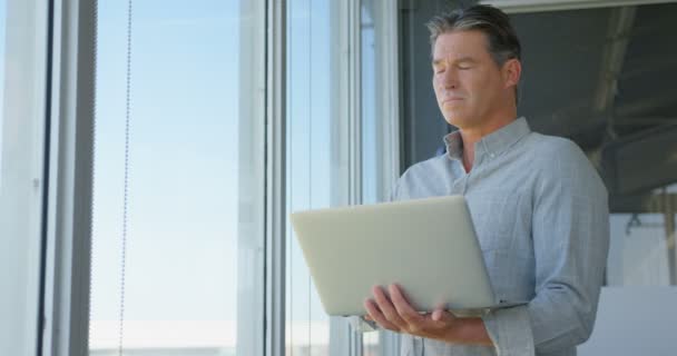 Vorderseite Eines Reifen Kaukasischen Männlichen Geschäftsführers Der Modernen Büro Laptop — Stockvideo