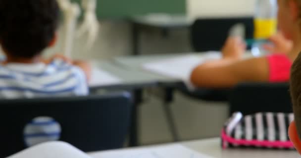 Vista Frontal Una Colegiala Afroamericana Explicando Modelo Esqueleto Aula Escuela — Vídeo de stock