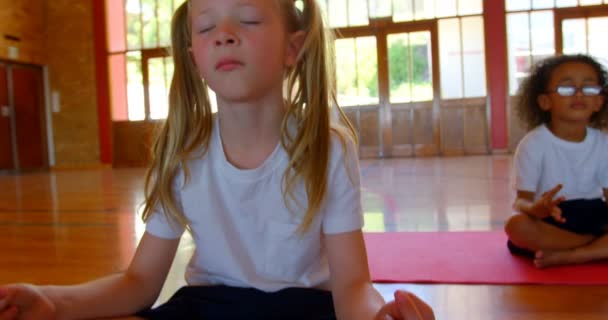 Frontansicht Einer Gruppe Verschiedener Schulkinder Die Yoga Auf Einer Gymnastikmatte — Stockvideo