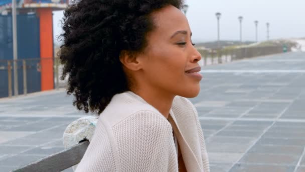 Vista Lateral Jovem Mulher Afro Americana Pensativa Sentada Banco Passeio — Vídeo de Stock