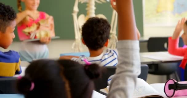 Vista Frontal Una Hermosa Estudiante Caucásica Que Explica Modelo Anatómico — Vídeos de Stock