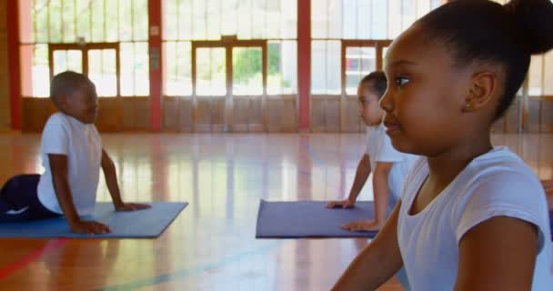 在学校的运动垫上表演瑜伽的一群不同的小学生的侧视图 他们在一起锻炼4K — 图库视频影像