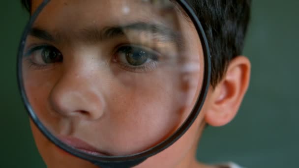 Retrato Lindo Colegial Caucásico Mirando Través Lupa Contra Tablero Verde — Vídeo de stock