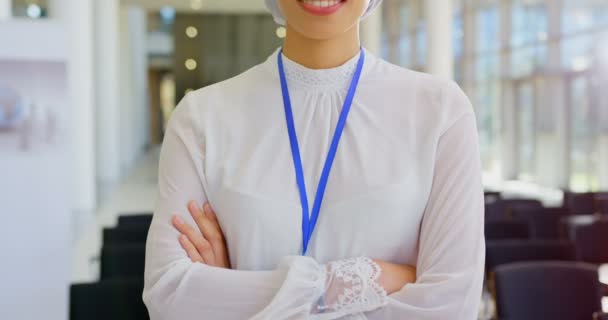 Front View Asian Business Woman Standing Smiling While Looking Camera — стоковое видео