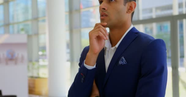 Front View Mixed Race Businessman Standing Looking Away Lobby Office — Stock Video