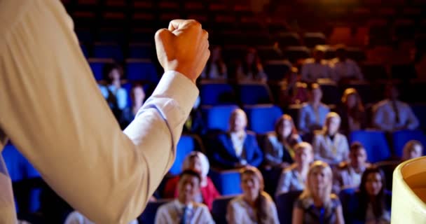 Rear View Businessman Speaking Business Seminar Stage Auditorium Audience Listening — Stock Video