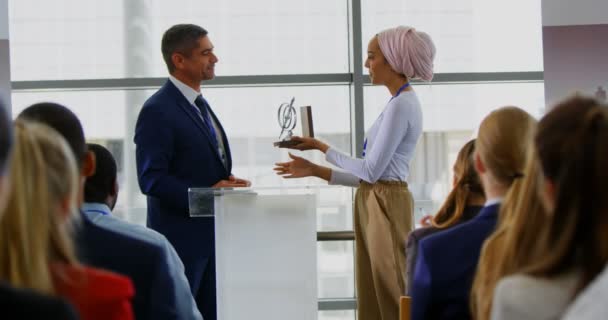 Side View Caucasian Businessman Receiving Award Businesswoman While Public Applauding — Stock Video