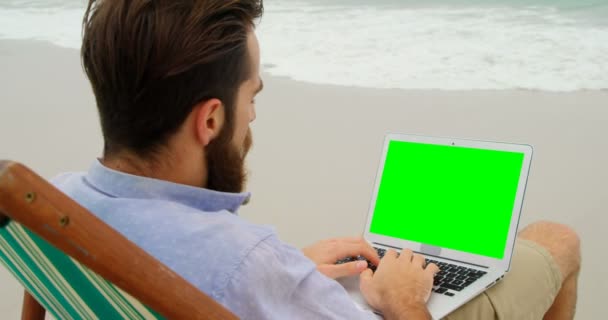 Pemandangan Belakang Manusia Menggunakan Laptop Pantai Dia Bersantai Atas Lounger — Stok Video