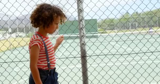 학교에서 울타리 근처를 여학생의 측면보기 배경의 테니스 — 비디오