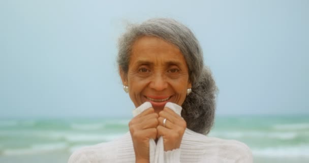 浜辺に立つ幸せなアクティブなアフリカ系アメリカ人女性の正面図 彼女はカメラ4Kを見ています — ストック動画