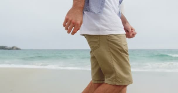 Vue Latérale Couple Caucasien Marchant Main Dans Main Sur Plage — Video