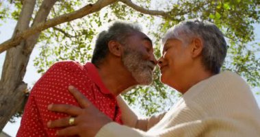 Aktif Afrikalı Amerikalı üst düzey çiftlerin yüz yüze bakışları düşük açılı. Gülümsüyorlar.