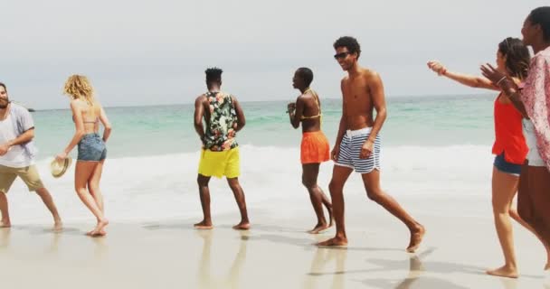 Zijaanzicht Van Gemengde Vrienden Die Het Strand Lopen Hebben Plezier — Stockvideo