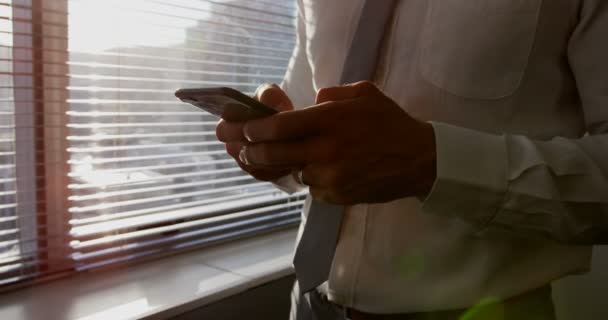 Seção Intermediária Jovem Executivo Masculino Caucasiano Usando Telefone Celular Perto — Vídeo de Stock