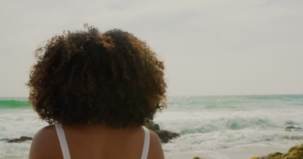 Vista Trasera Mujer Afroamericana Pie Playa Ella Está Mirando Mar — Vídeos de Stock