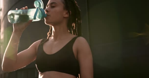 Front View Young African American Woman Drinking Water City She — Stock Video