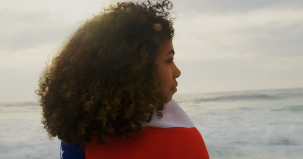 Vista Lateral Mulher Afro Americana Envolta Bandeira Americana Praia Ela — Vídeo de Stock