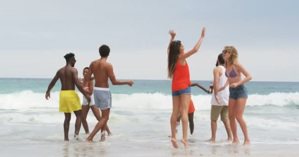 ビーチで一緒に踊る混合人種の友人のグループ 楽しい4Kを楽しんでいる — ストック動画