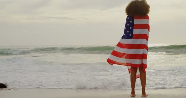 Vista Trasera Mujer Afroamericana Envuelta Bandera Americana Playa Ella Está — Vídeos de Stock