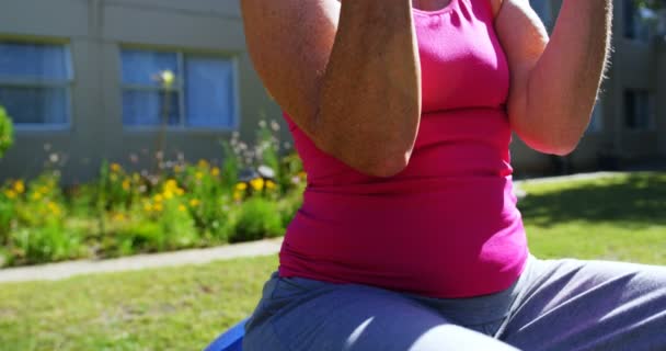 俯瞰白种人老年人带着哑铃在疗养院花园锻炼的景象 她正坐在一个4K的运动球上 — 图库视频影像