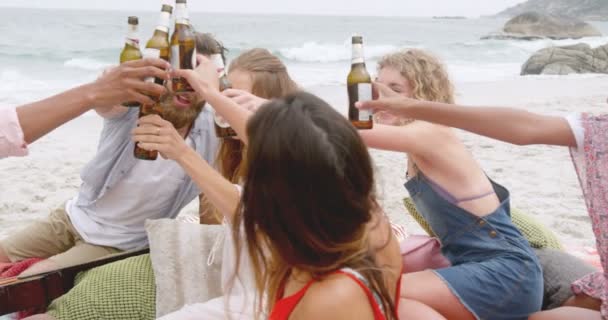 Grupo Amigos Raza Mixta Brindando Vasos Cerveza Playa Están Divirtiendo — Vídeos de Stock