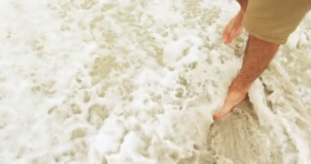 Niedriger Abschnitt Des Menschen Der Barfuß Strand Spaziert Meeresbrandung Hintergrund — Stockvideo