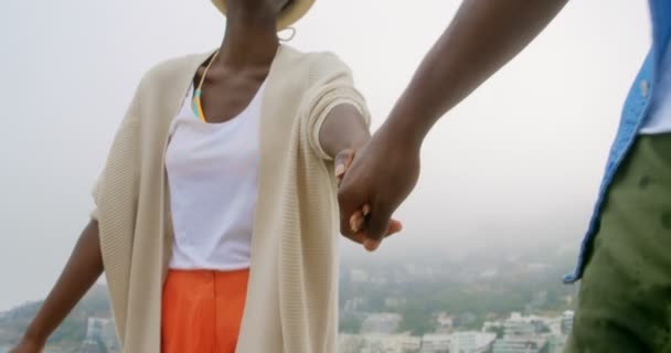 Lage Hoek Uitzicht Van Afro Amerikaanse Paar Wandelen Met Hand — Stockvideo