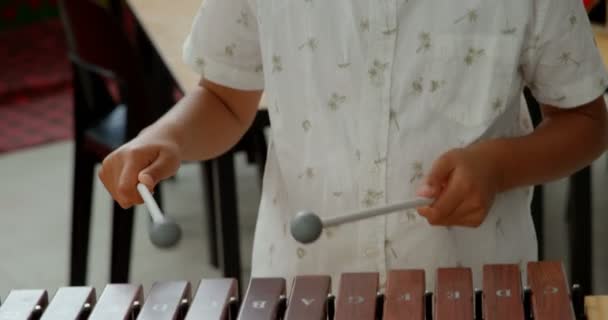 Asyalı Öğrencinin Okulda Bir Sınıfta Ksilofon Çalmasının Görünümü Müzik Öğreniyor — Stok video